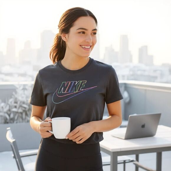 Nike Logo Graphic Tee Shirt Black Multicolor Swoosh Unisex Size M New - Picture 1 of 6